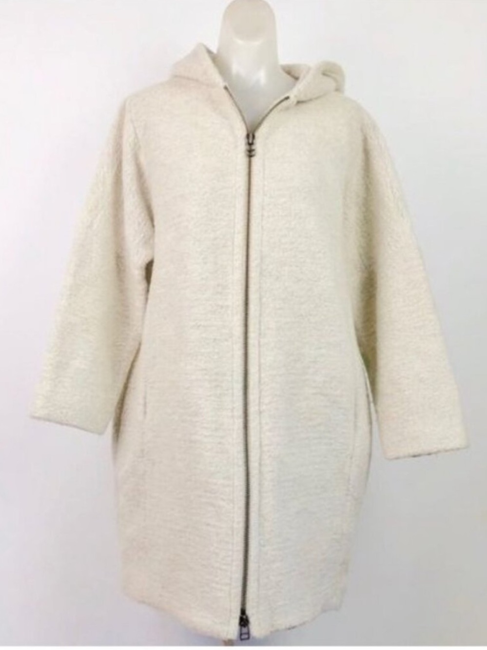 ATM mohair blend Cocoon Hooded front zip ivory Coat size Small